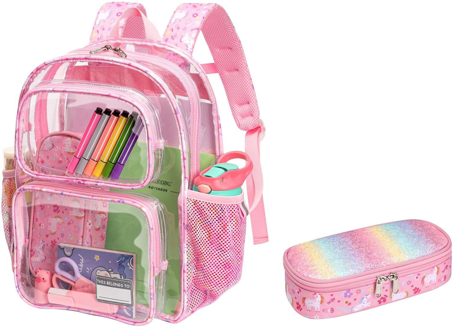 Bagseri 2pcs Clear Backpack for Girls - 15 Inch Backpack and Pencil Case Set, Heavy Duty Transparent Bookbag for School, See Through Bag for Kids Aged 3 to 8, Pink Unicorn