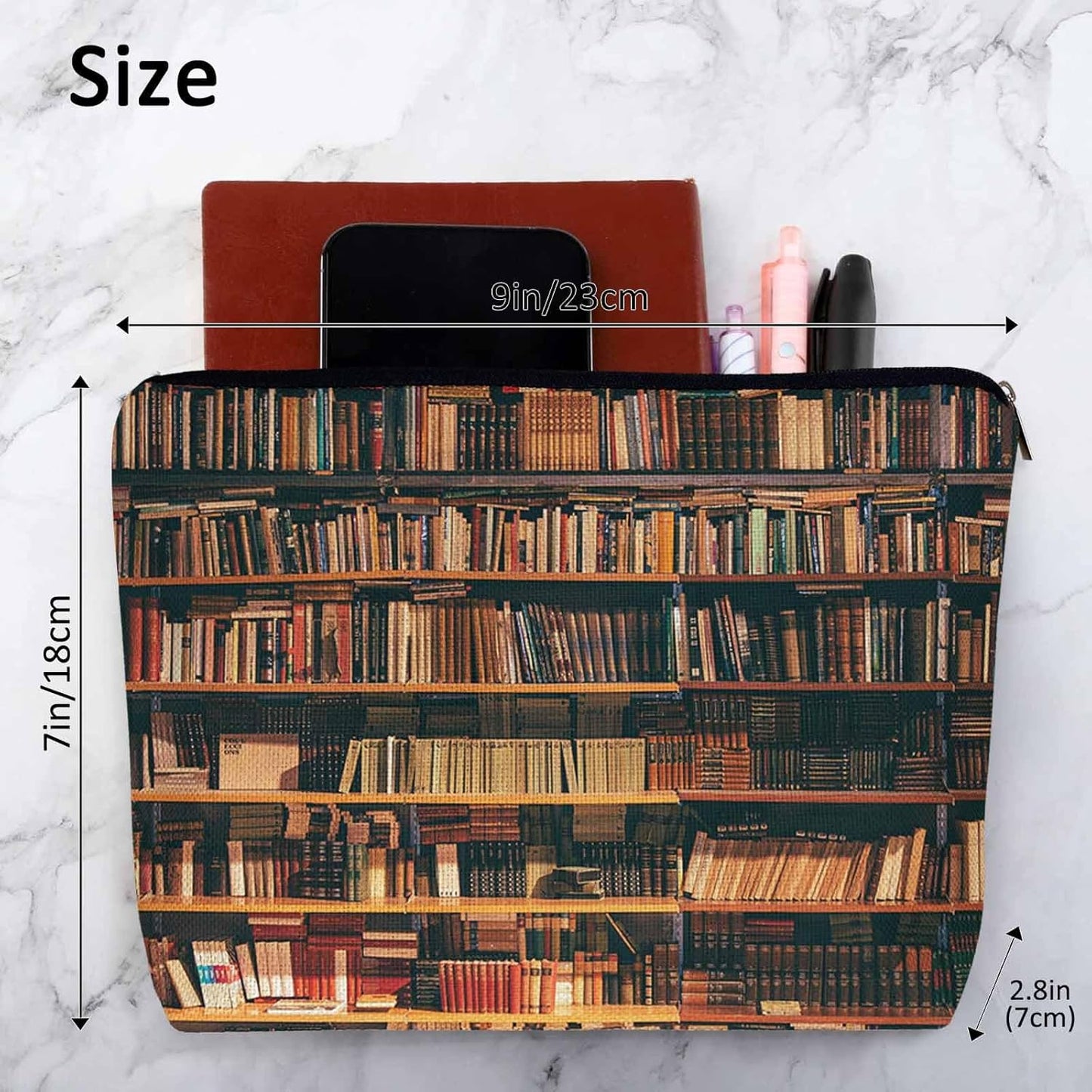 Vintage Library Bookshelf Makeup Bag for Purse, Travel Toiletry Pouch, Cosmetic Organizer, Old Books Pattern Flax Pencil Case for Men and Women