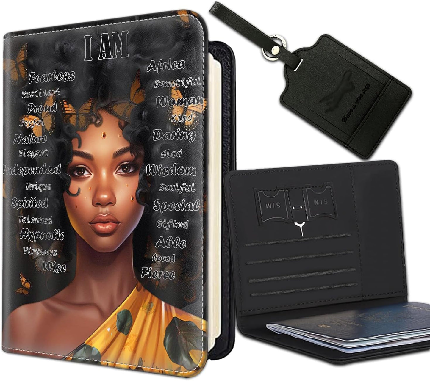 Passport Holder Women Wallet with Luggage Tag, Leather Passport Cover with RFID Blocking, Travel Accessories Multi Card Slot Passport Case for Men，African American Girl