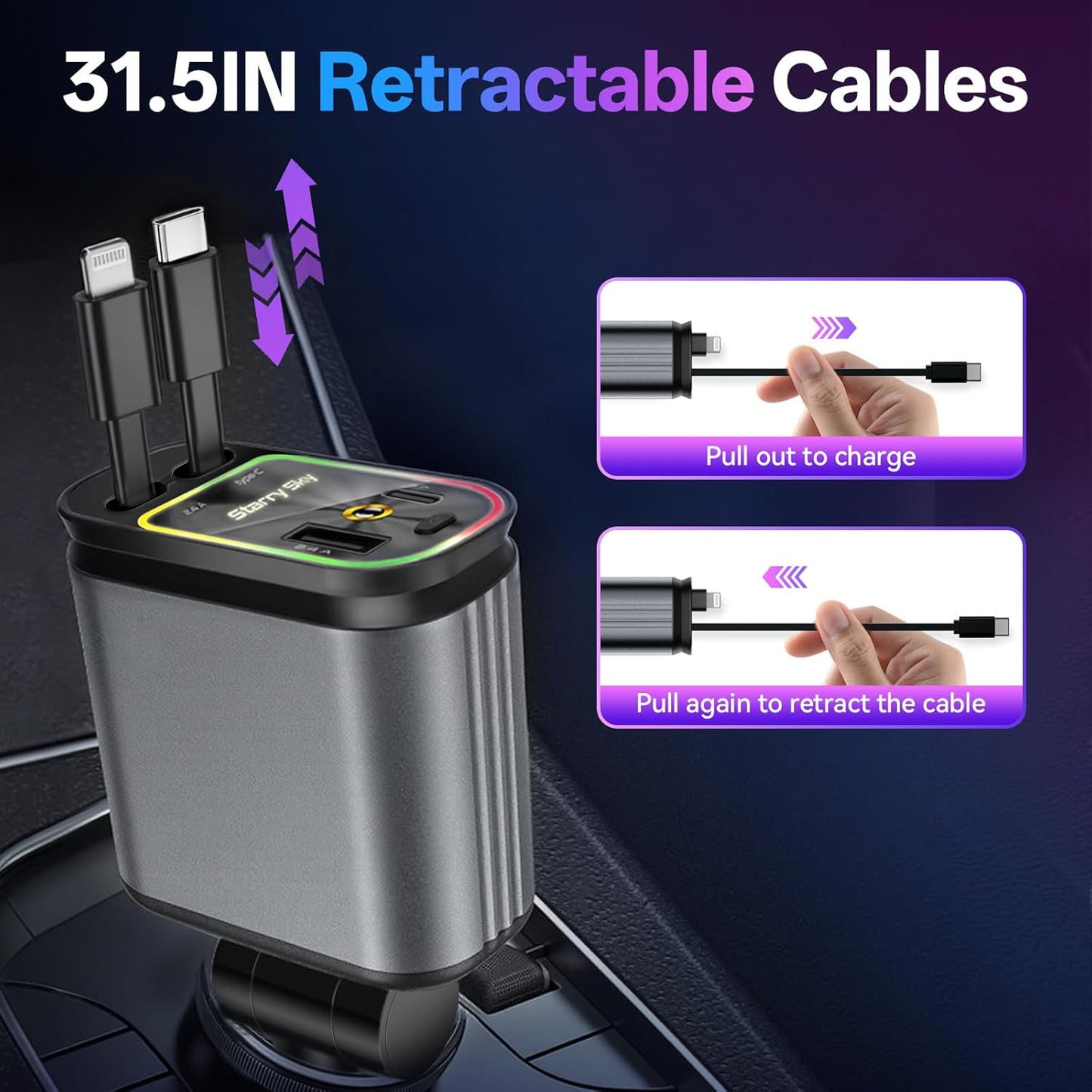 4 in 1 Retractable Car Charger Starlight Compatible with iPhone 16/15/14/13/12/11,Galaxy,Pixel