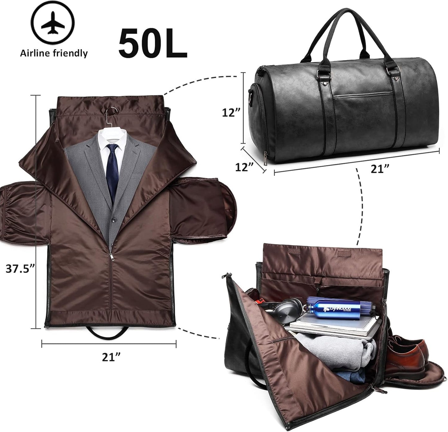 Carry on Garment Bags for Travel Leather Garment Duffle Bag Convertible Mens Suit Travel Bags with Shoe Compartment,Waterproof,Perfect for Business Travel/Husband Gifts (Black)