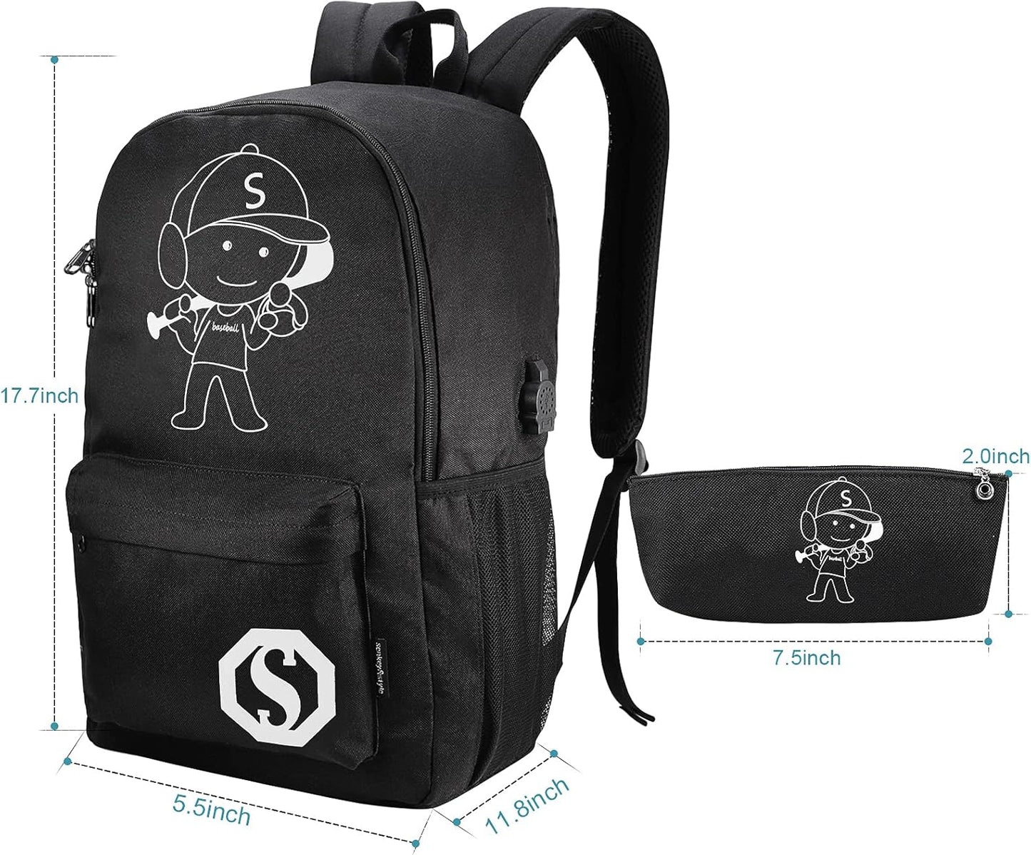 Kids Backpacks for Boys, Elementary School College Bookbag Lightweight Laptop Bag Baseball Anime Luminous Backpack with USB Charging Port, Anti Theft Lock and Pencil Case, Black