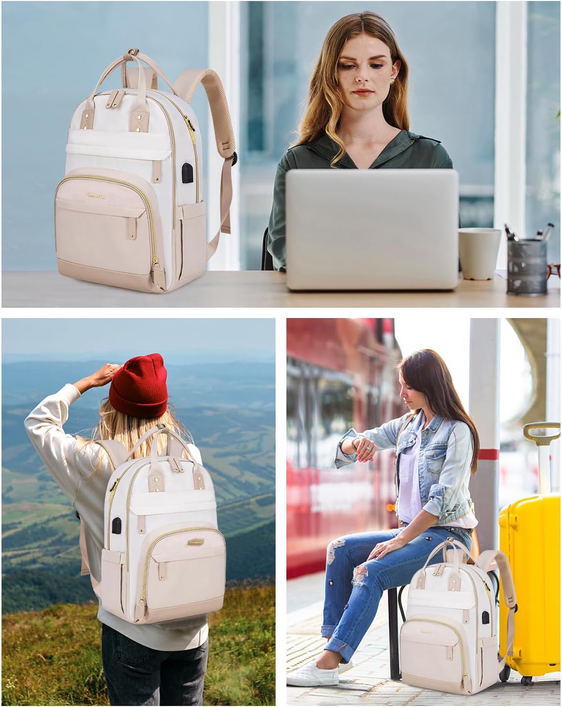 LOVEVOOK Backpack for Women,Laptop Backpack Women,Fits 15.6 Inch Laptop Bag,School Backpack,Fashion Travel Work Anti-theft Bag,Waterproof Business Computer College Backpack Purse,Beige white-Grey pink