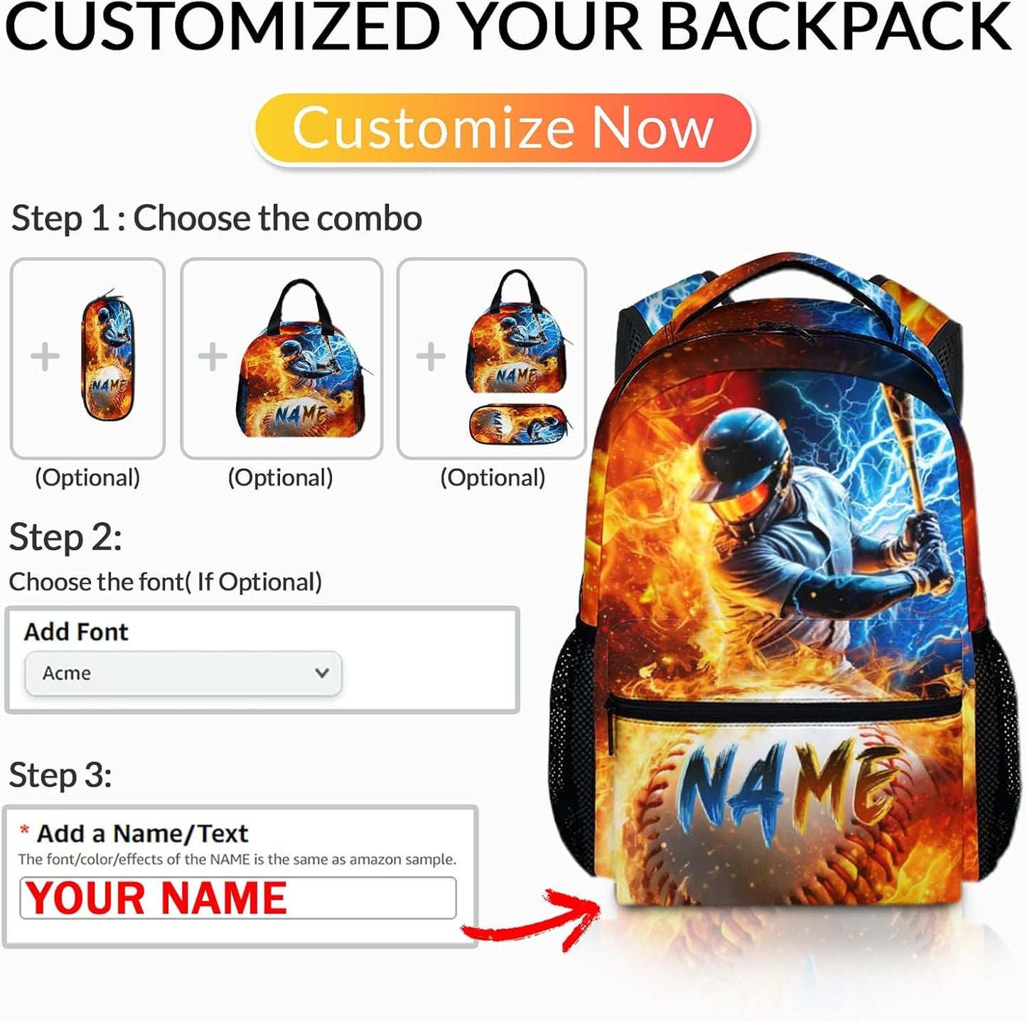 Backpack for Boys, Personalized Baseball Backpacks for Kids Teens Elementary Middle Primary High Senior, 17 Inch Lightweight Custom Sport Bookbag for Ages 6-18 Back to School Travel