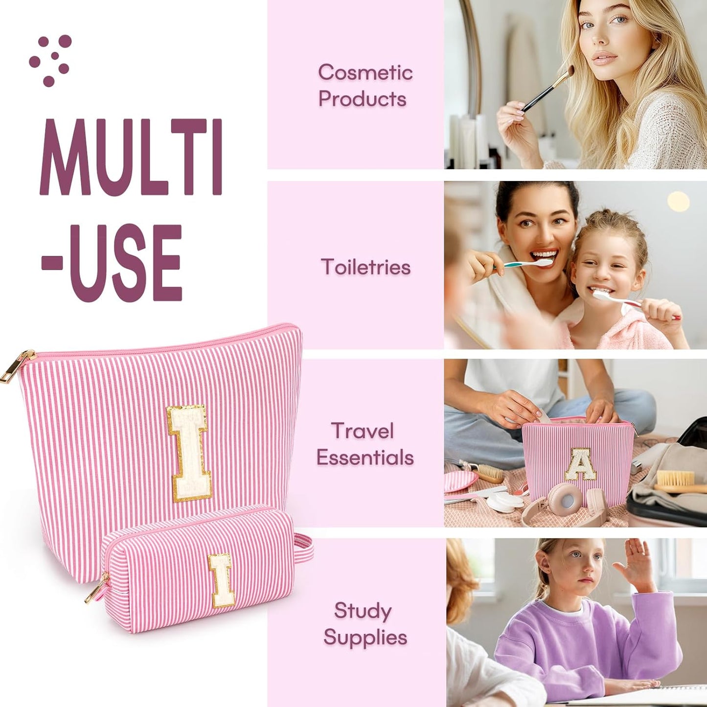 2 PCS Initial Makeup Bags for Women: Cosmetic Bag for Travel Toiletry - Birthday Gifts for 11 12 13 14 15 16 17 18 Years Old Girl Graduation Teacher Gift- Teen Girl Gifts Trendy Stuff - Pink I