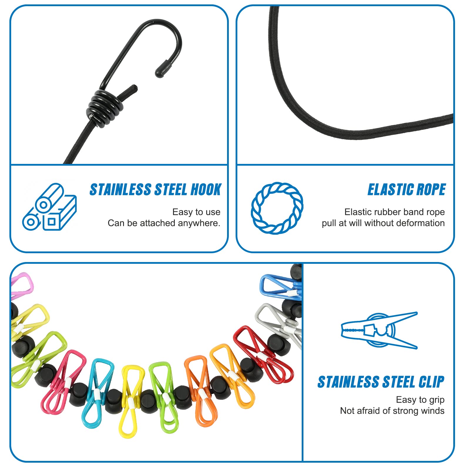 Retractable Portable Travel Clothesline Camping Clothing Line with 12 Clips