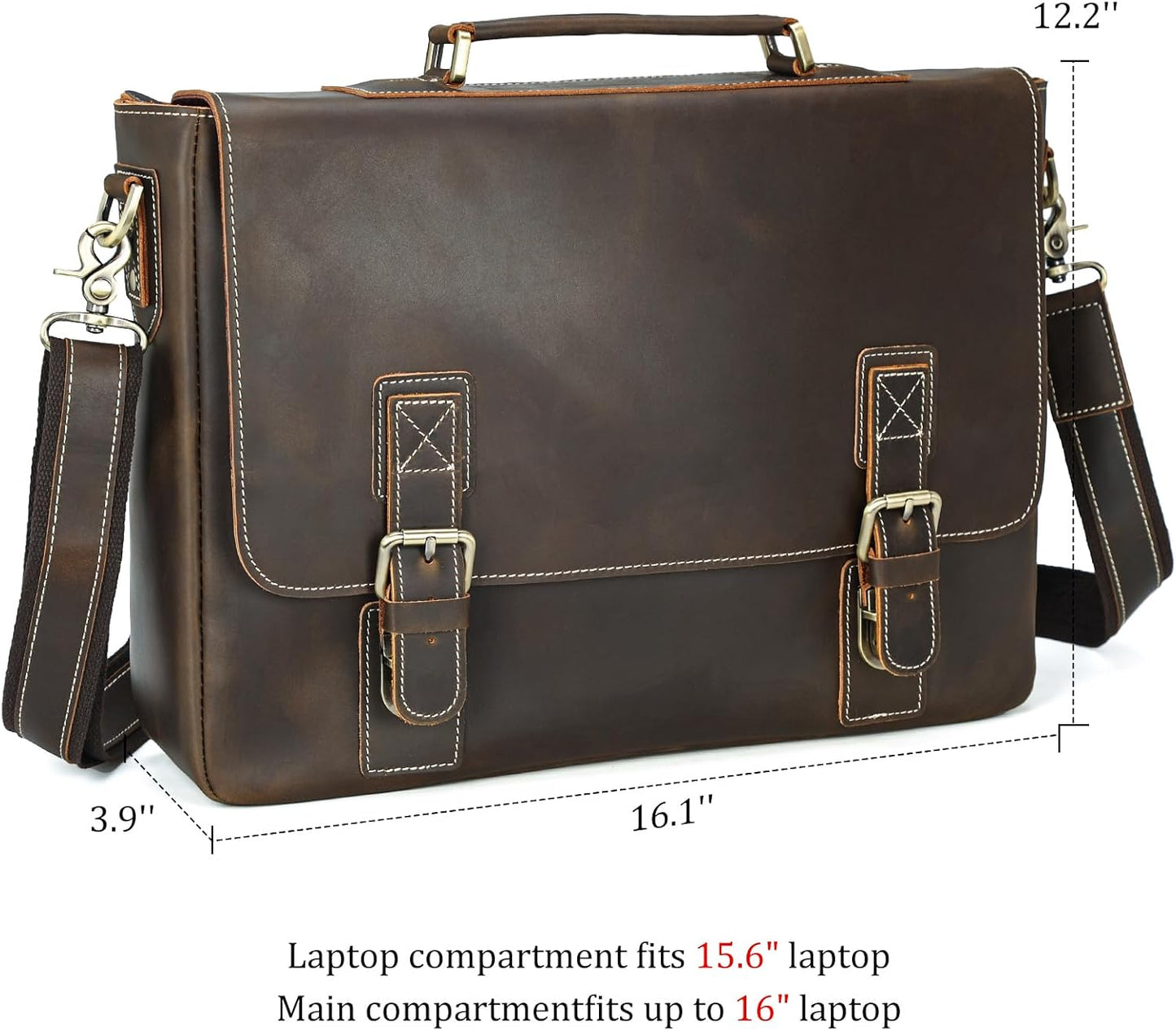 Polare Vintage Full Grain Leather Tote Briefcase Professional 16'' Laptop Shoulder Messenger Bag with YKK Metal Zippers(Dark Brown)