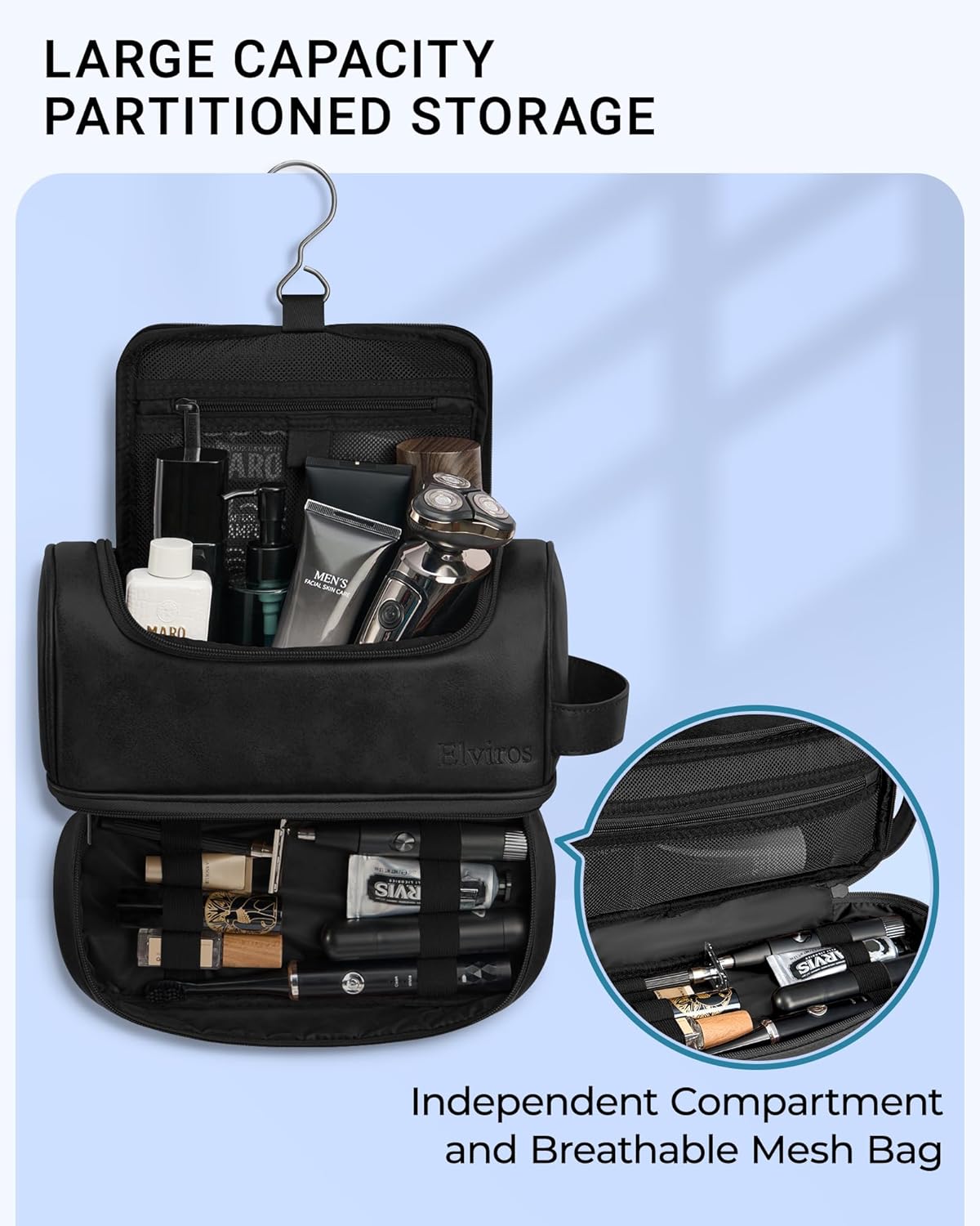 Elviros Toiletry Bag for Mens PU Leather Travel Organizer Kit with Hanging hook, Large Water-resistant Toiletries Bathroom Shaving Bags (Black)