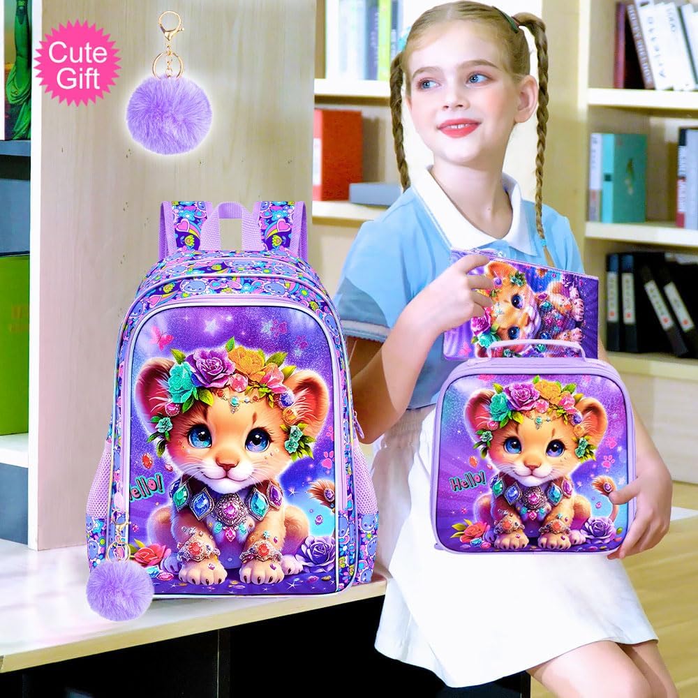 3Pcs Backpack for Girls, 16" Kids Bookbag with Lunch Box，Lion School Backpacks for Elementary Preschool Kindergarten (Purple)
