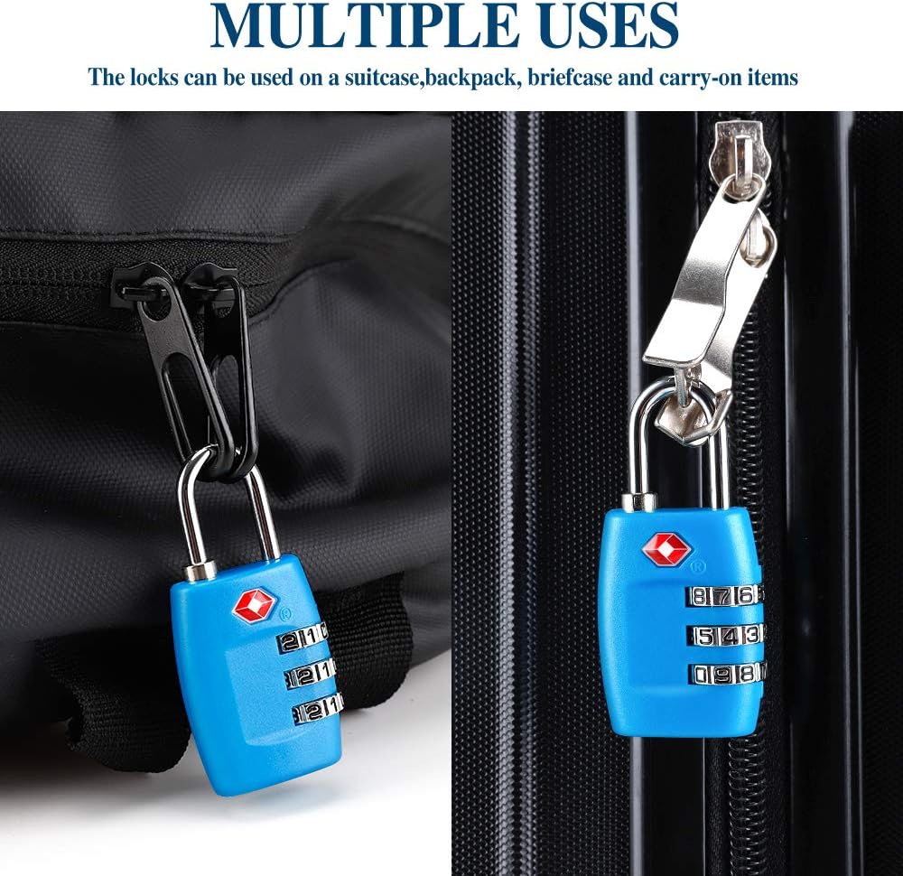 TSA Luggage Locks (4Pack) - 3 Digit Combination Padlocks - Approved Travel Lock for Suitcases & Baggage (Blue)