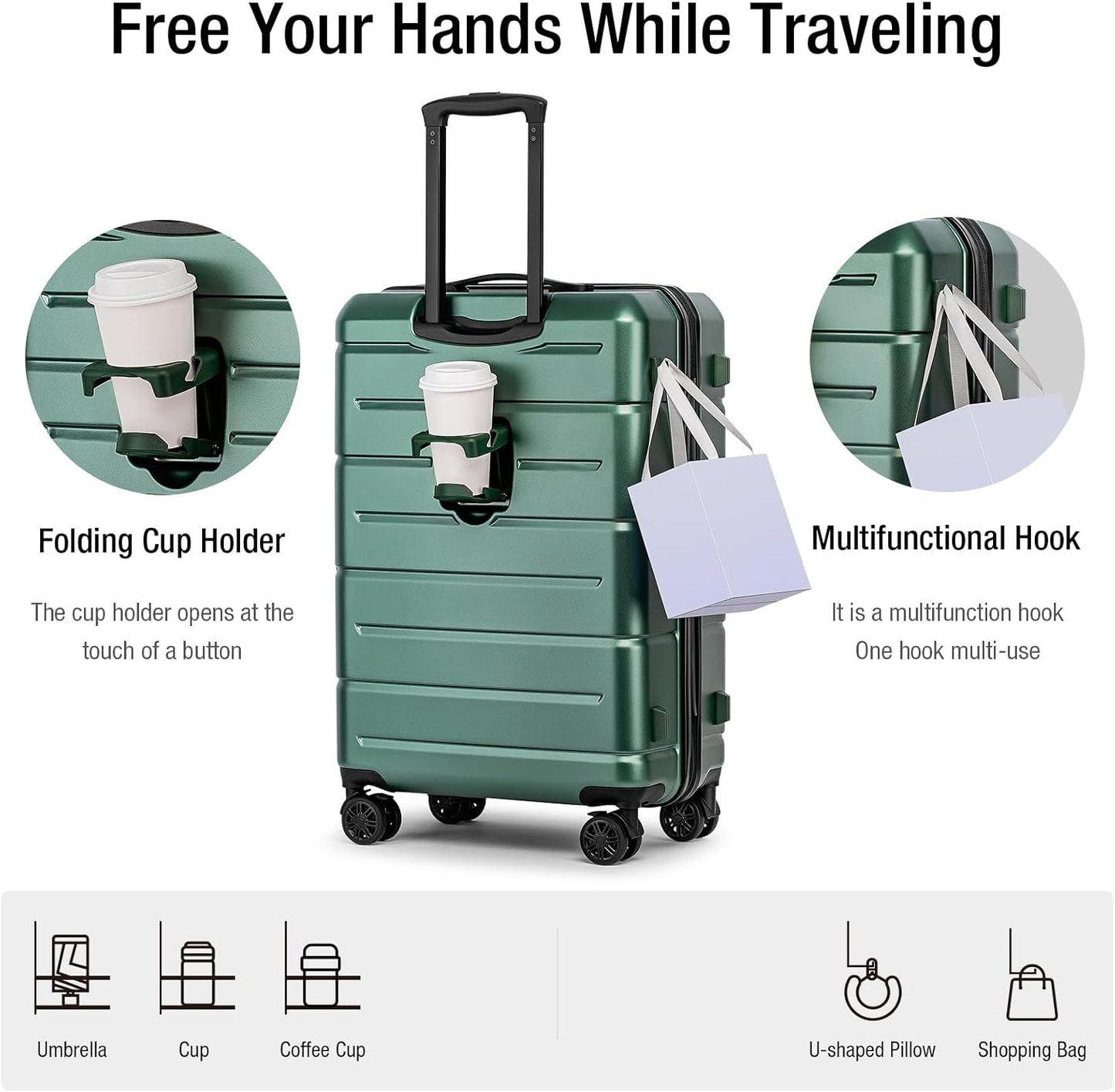 KYME 26 Inch Luggage TSA Approved Hard Shell Suitcases with Spinner Wheels Durable Medium Travel Checked Luggage with Cup Holder for Women Men Green