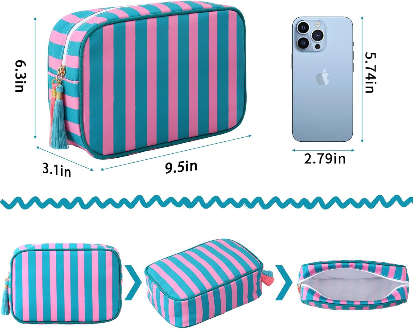 Stripe Makeup Bag Travel Cosmetic Bag Organizer Tassel Toiletry Bag Large Canvas Zipper Pouch and Accessories Storage Bag for Women