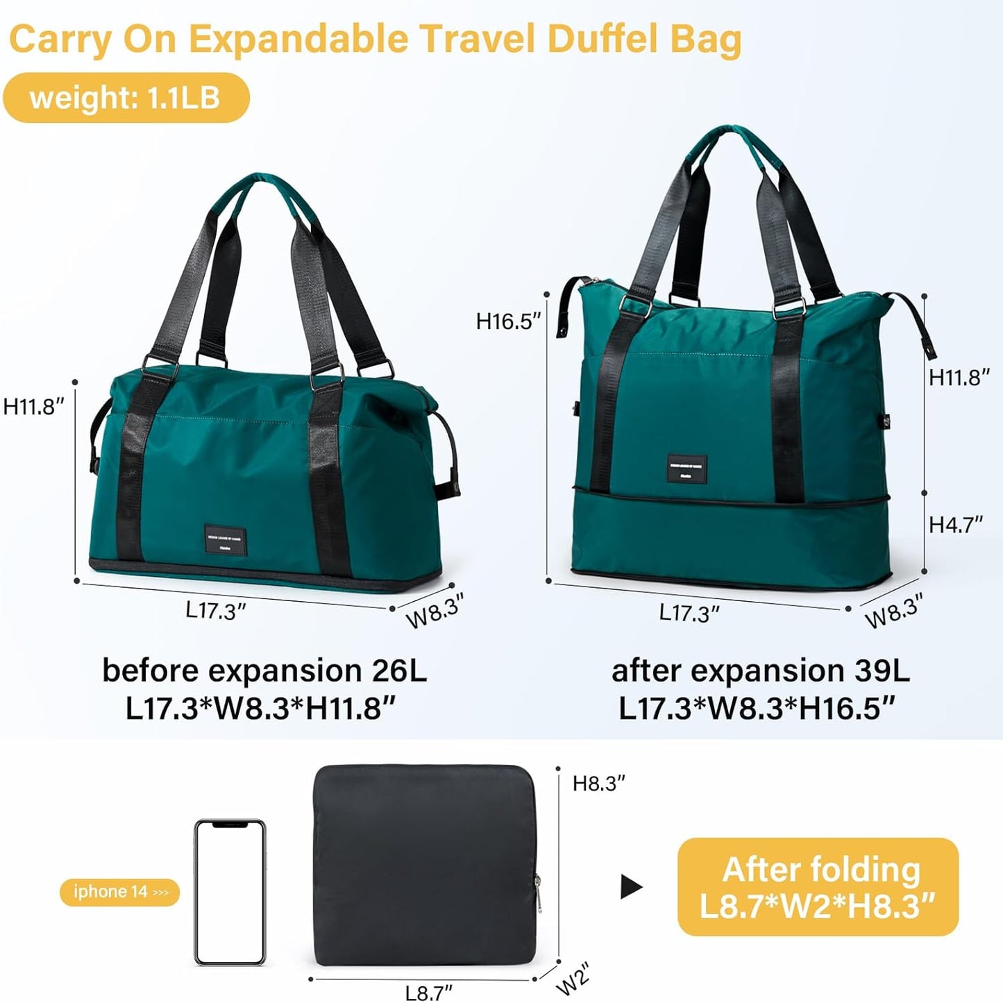 Hanke Expandable Travel Tote Bag 39L, Foldable Duffle Bag for Travel, Carry On Weekend Bags for