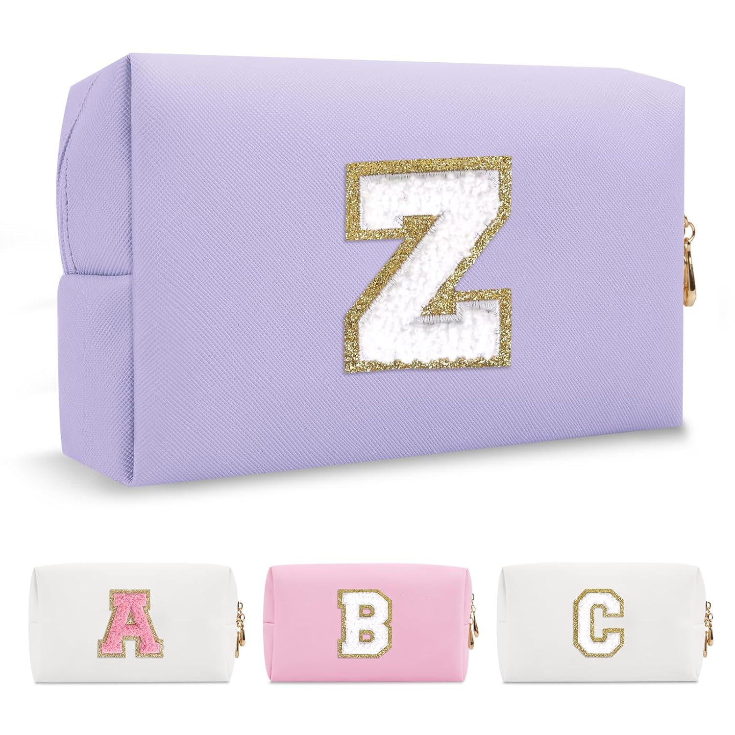 Personalized Makeup Bag Initial A-Z Preppy Patch Bag,Small PU Leather Travel Cosmetic Bag Pouch