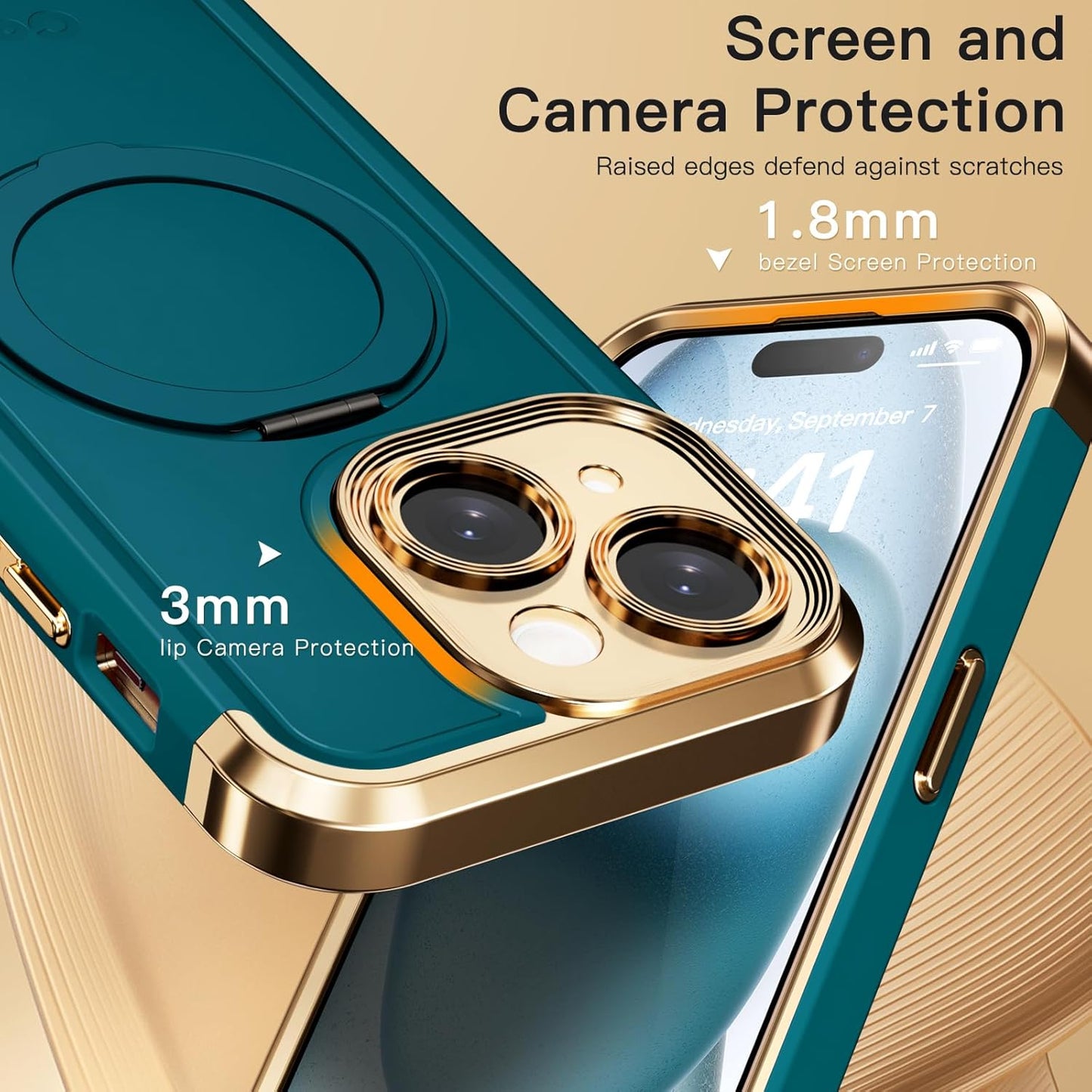 COOLQO for iPhone 14 Case 6.1'' Upgraded 360° Spin Magnetic Stand [Compatible with Magsafe][Military Grade Drop Protection] Shockproof Protective Phone Holder Cover for iPhone 14, Green Gold
