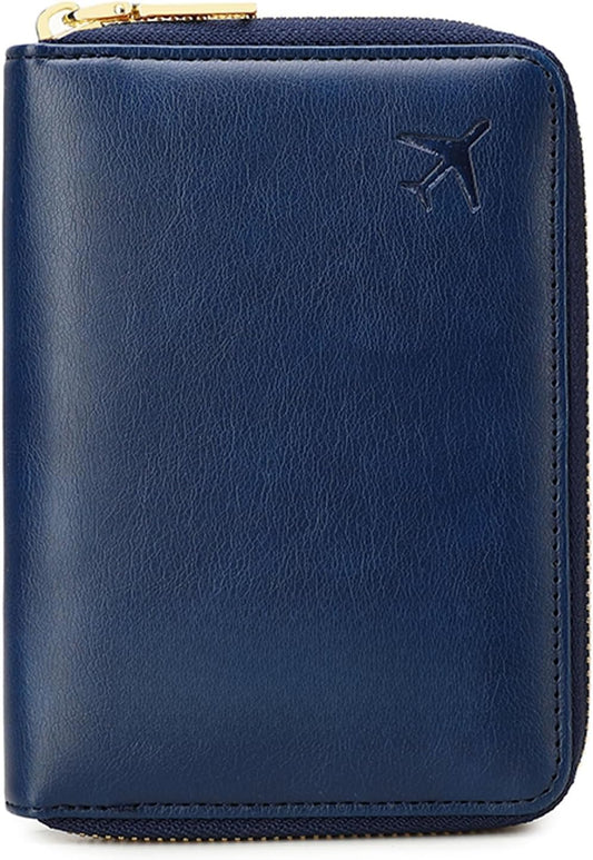 Genuine Leather Wallet Unisex Zipper Passport Holder RFID Blocking Waterproof - Vintage Travel Wallet (Dark Blue)