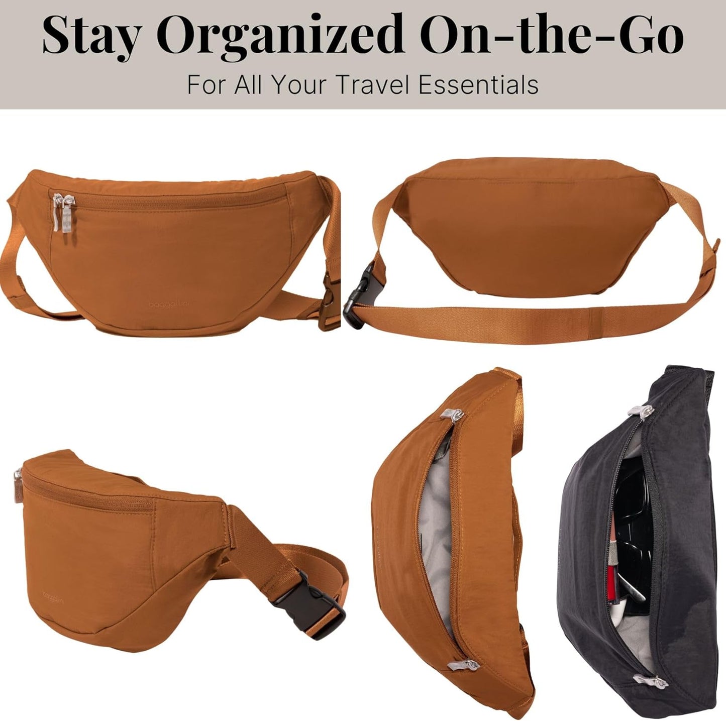 Baggallini Style Swift Belt Bag Sling Bag - Lightweight 12"x7" Crossbody Bag Fanny Pack Belt w/RFID and Adjustable Strap