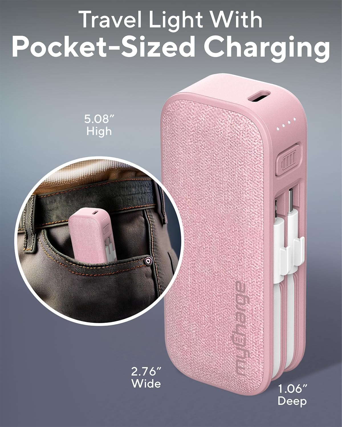 myCharge PowerHub Mini Portable Charger for iPhone - 3000mAh & Built in Cables (Lightning, Type C) 12W Turbo USB C Power Bank Fast Charging Battery Pack (Pink)