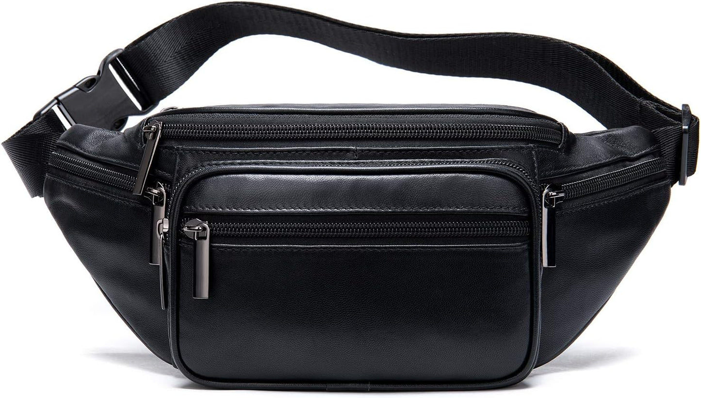 Genuine Leather Fanny Pack Men Women Multi-Pockets sling Waist Bag For Travel Sports Hiking Cycling Fishing Running Black Small