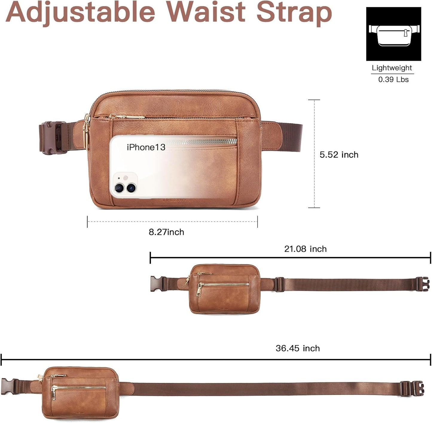 Telena Fanny Packs for Women Cross Body Leather Belt Bag Fashionable with Adjustable Strap Brown