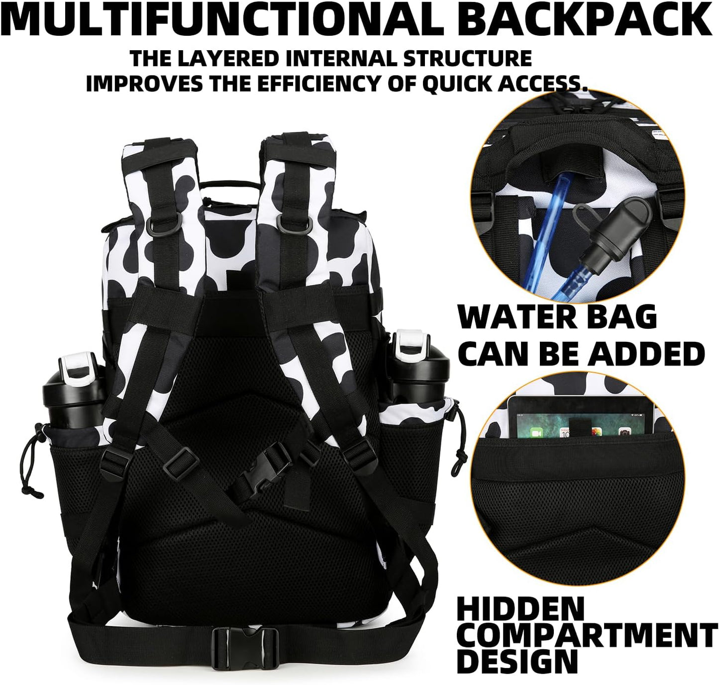 25L Tactical Backpack Military Tactical Backpack for Men and Women Small Assault Pack Outdoor Travel Hiking Camping Rucksack with Molle Webbing (Cow Print)