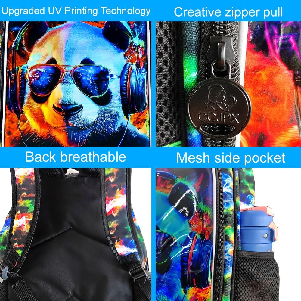 3PCS Panda Bookbag for Boys, Water Resistant Kids Backpack with Lunch Box, 17" School Bag Set for Teenagers Middle Elementary - Sunglasses Panda