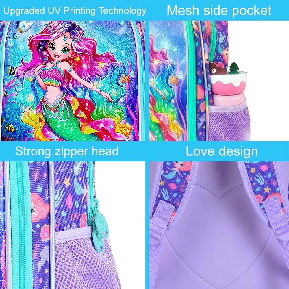 16" Mermaid Backpack, 3Pcs School Bookbag for Girls with Lunch Box, Kids Backpacks for Elementary
