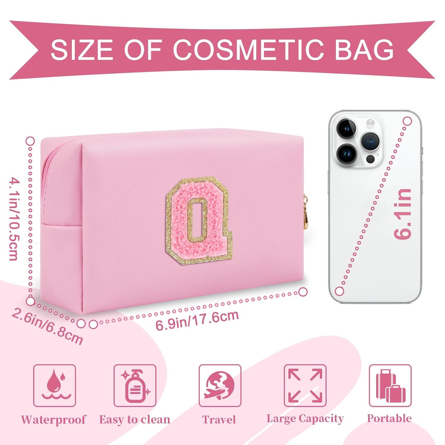 Personalized Initial A-Z Preppy Patch Makeup Bag,Small PU Leather Chenille Letter Cosmetic Bag with Zipper for Teen Girls,Pink Cute Travel Toiletry Bag,Birthday Monogrammed Gift for Daughter,Letter Q
