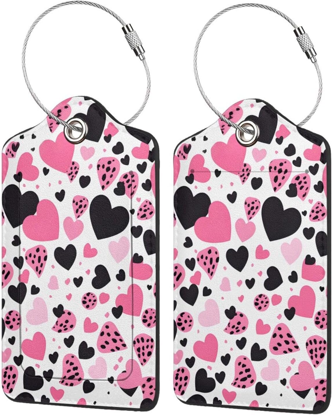 Pink Black Hearts Leather Luggage Tags with Stainless Steel Loop 2 Pack Suitcase Tags Travel Luggage Identifiers for Suitcases Privacy Cover Name Tag for Kids Adult