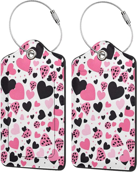 Pink Black Hearts Leather Luggage Tags with Stainless Steel Loop 2 Pack Suitcase Tags Travel Luggage Identifiers for Suitcases Privacy Cover Name Tag for Kids Adult