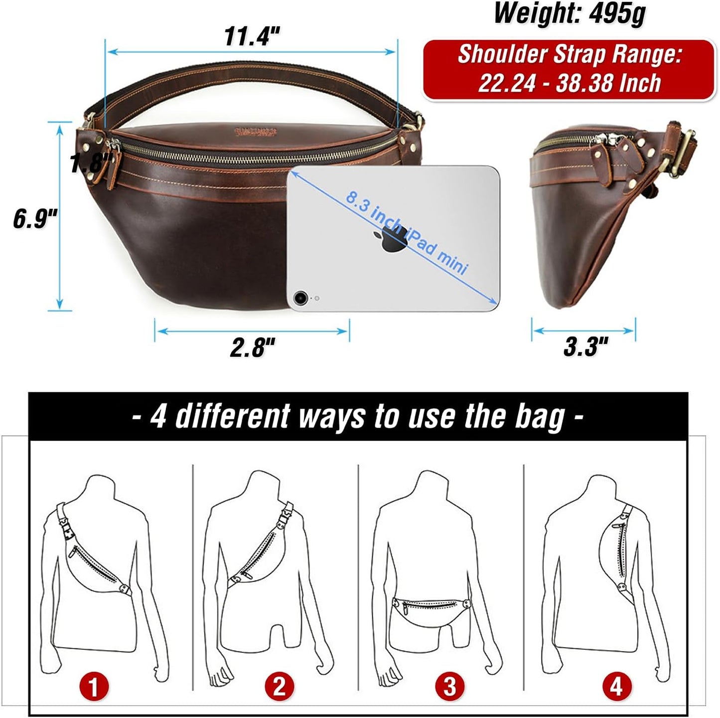Top Grain Genuine Leather Large Size Fanny Pack for Man & Woman, Minimalist Vintage Design, Handmade with Detachable Hardware, Slim Waist Pack Large Crossbody Belt Bag for Traveling or Riding, Coffee