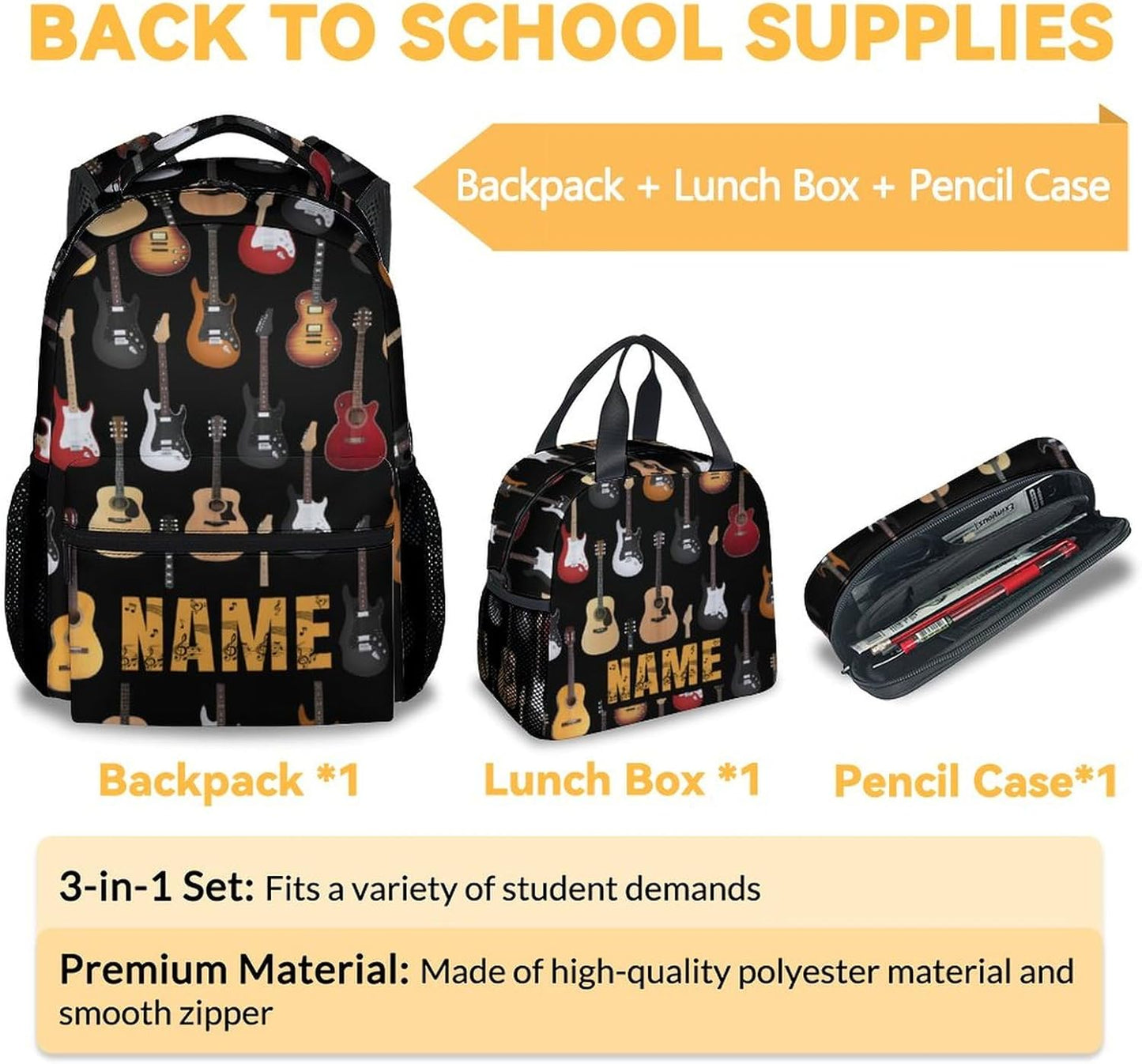 Mercuryelf Personalized Guitar Kids Backpack with Lunch Box Set, 3 in 1 School Backpacks Matching Combo, Popular Black Bookbag and Pencil Case Bundle
