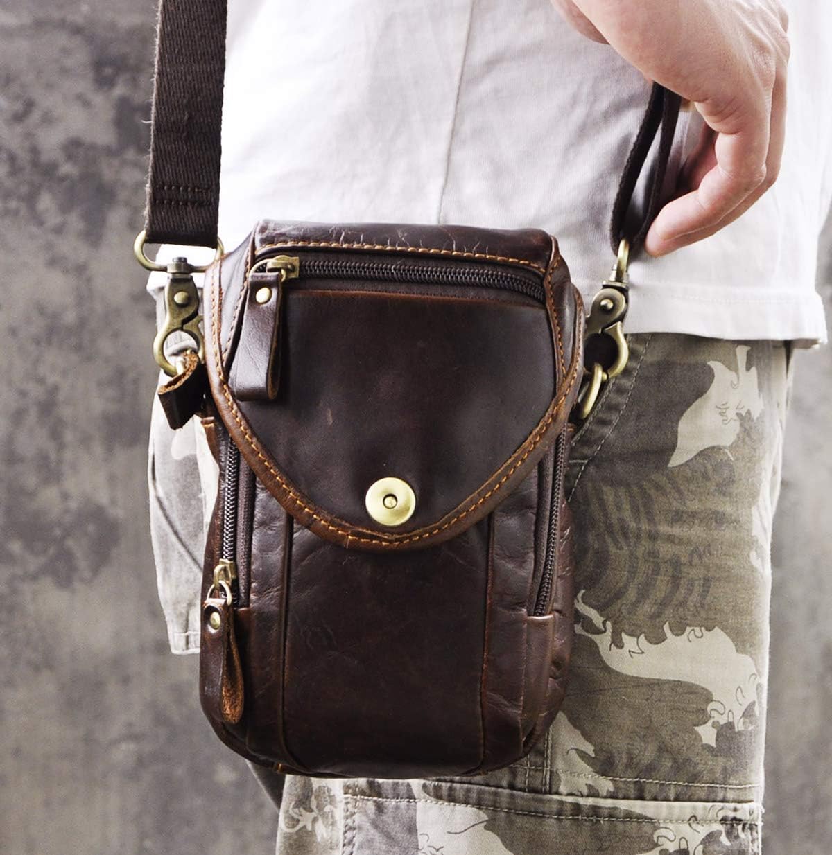 Le'aokuu Mens Original Leather Designer Casual Small Messenger Shoulder Bag Fashion Waist Belt Bag Pack Cigarette Phone Case