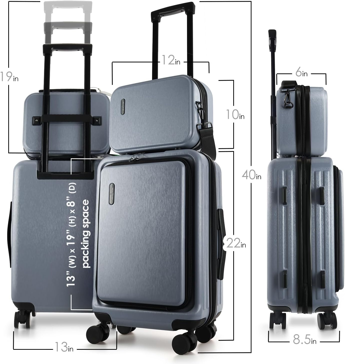 22 Inch Carry On Luggage 22x14x9 Airline Approved, Small Carry On Suitcase, Hard-shell Carry-on Luggage with Wheels, Durable Grey Luggage Carry-On with Cosmetic Case and Luggage Scale