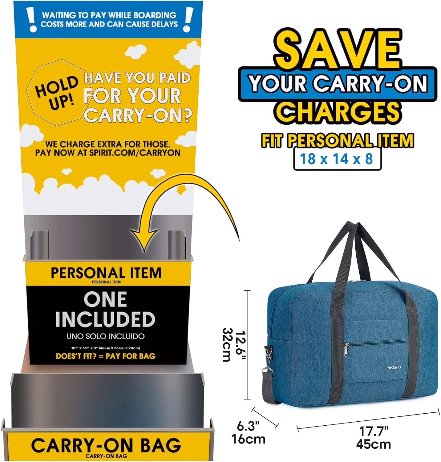 For Spirit Airlines Personal Item Bag 18x14x8 Foldable Travel Duffel Bag Tote Carry on Luggage Duffle Overnight for Women and Men
