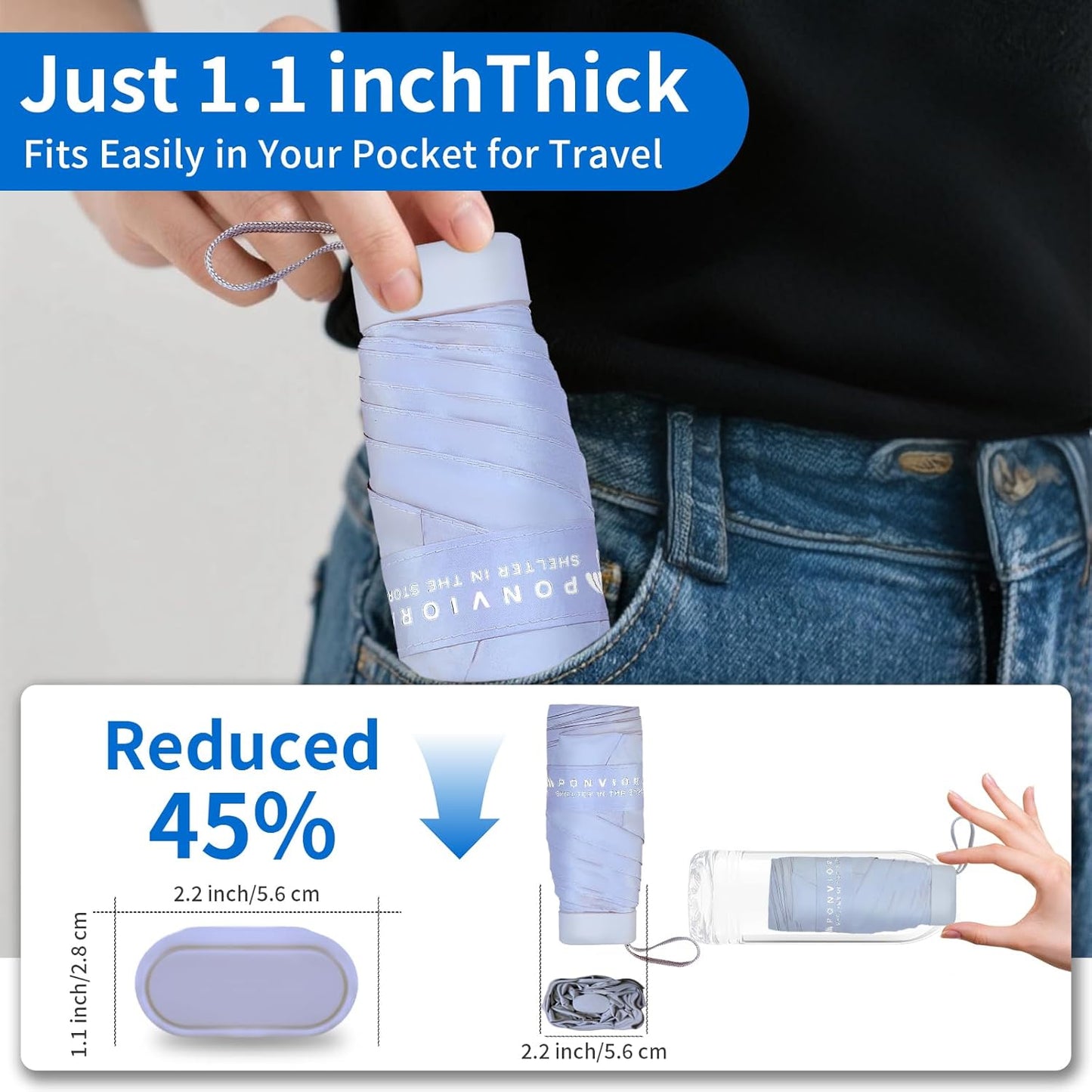 Compact Mini Windproof Travel Umbrella-UPF 50+ Sun & Rain Protection, Small Folding Design Fits in Pocket or Purse, Lightweight Portable with Case for Women, Men & Kids