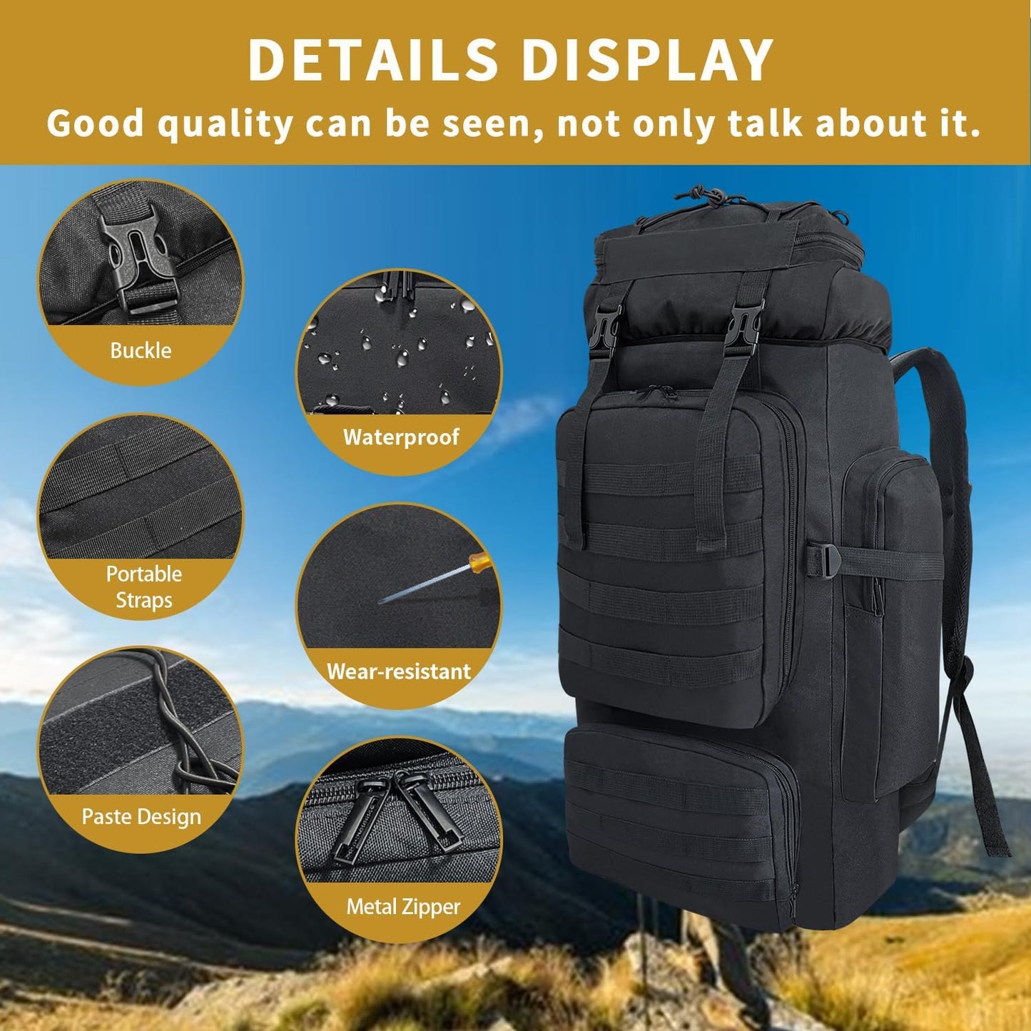 80L Hiking Backpack Men Camping Backpack, Waterproof MOLLE Military Tactical Rucksack, Large Capacity Assault Pack for Outdoor Survival, Trekking, Travel (Black)
