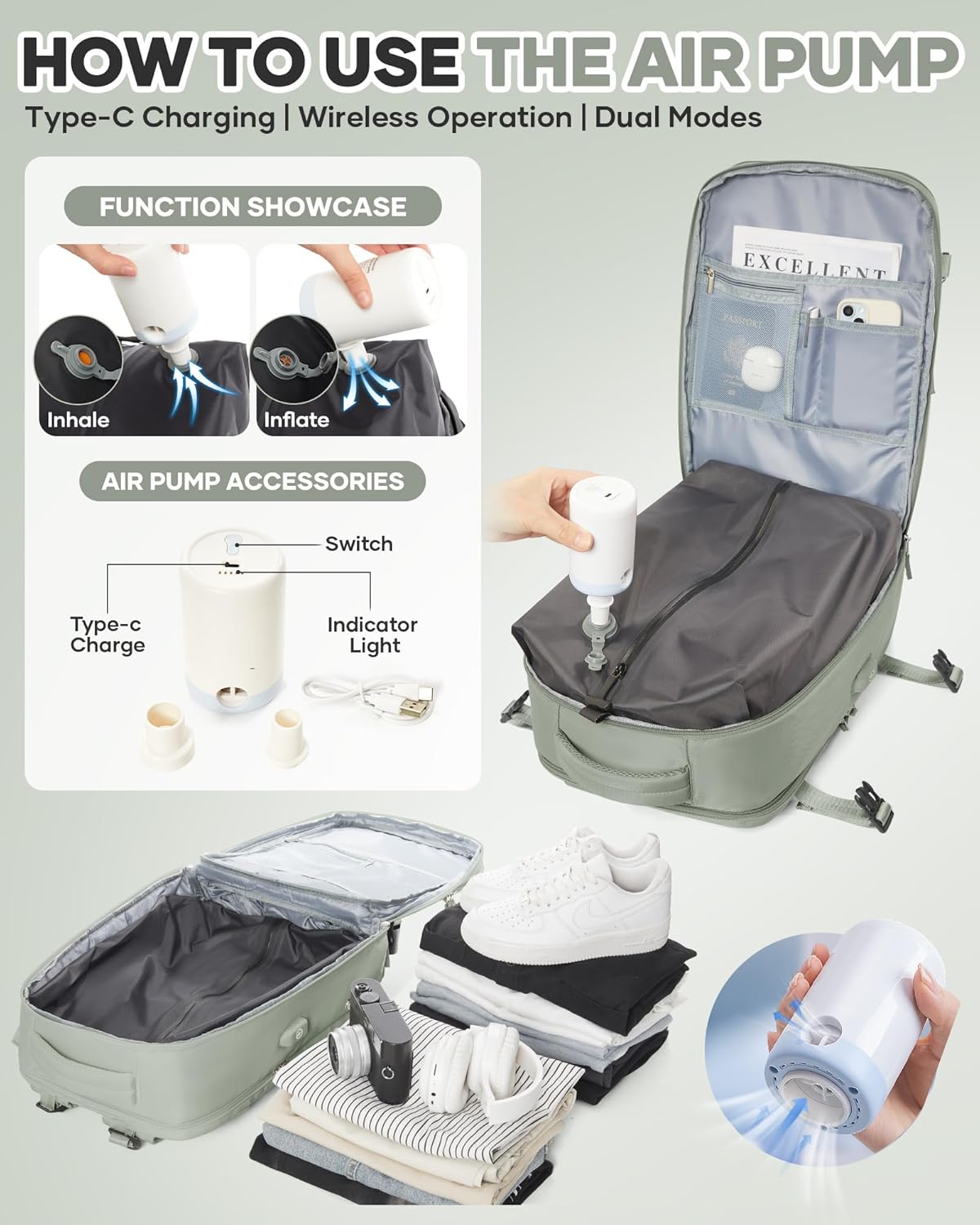 Vacuum Seal Travel Backpack with Air Pump,Compression Vacpack Waterproof Carry On Backpack for Travel Women Men with Vacuum System,Airlines Approved Daypack Laptop Space Saver Bags,GrassGreen