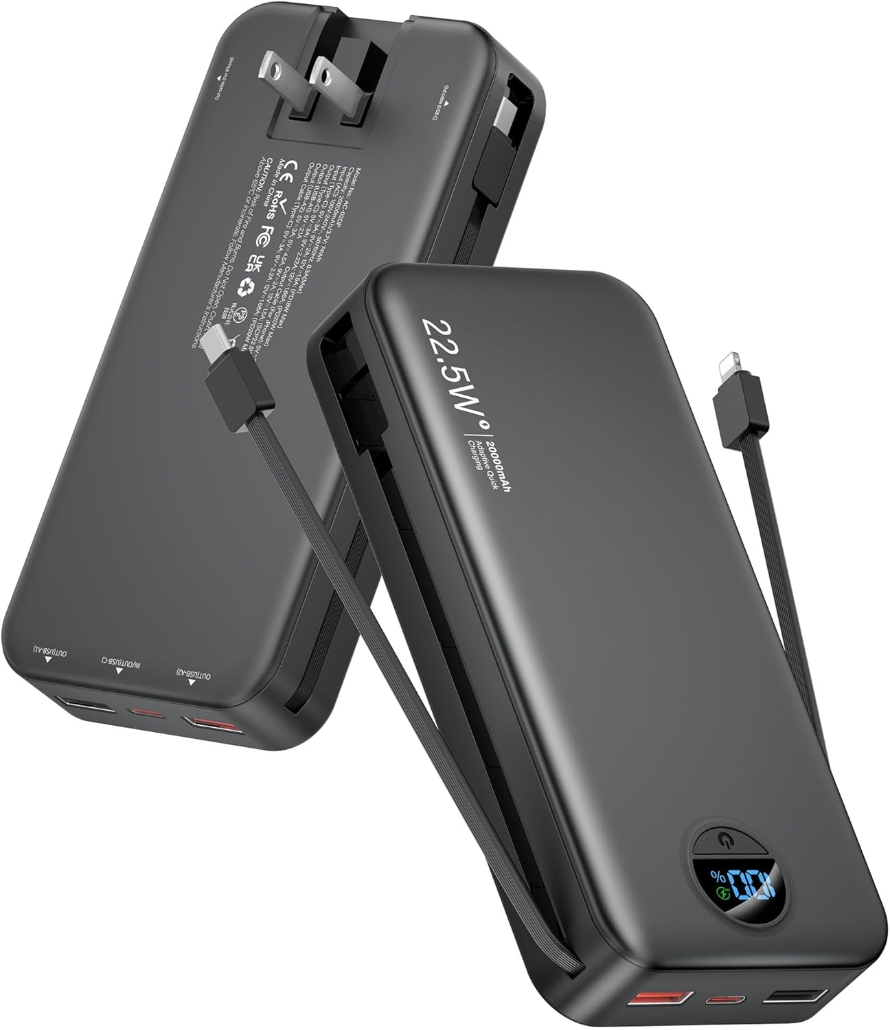 Portable Charger Power Bank, 20000mAh 22.5W USB C Fast Charging with Built-in Cables & Wall Plug, External Battery Bank with LED Display, Travel Essential for iPhone, iPad, Samsung Black