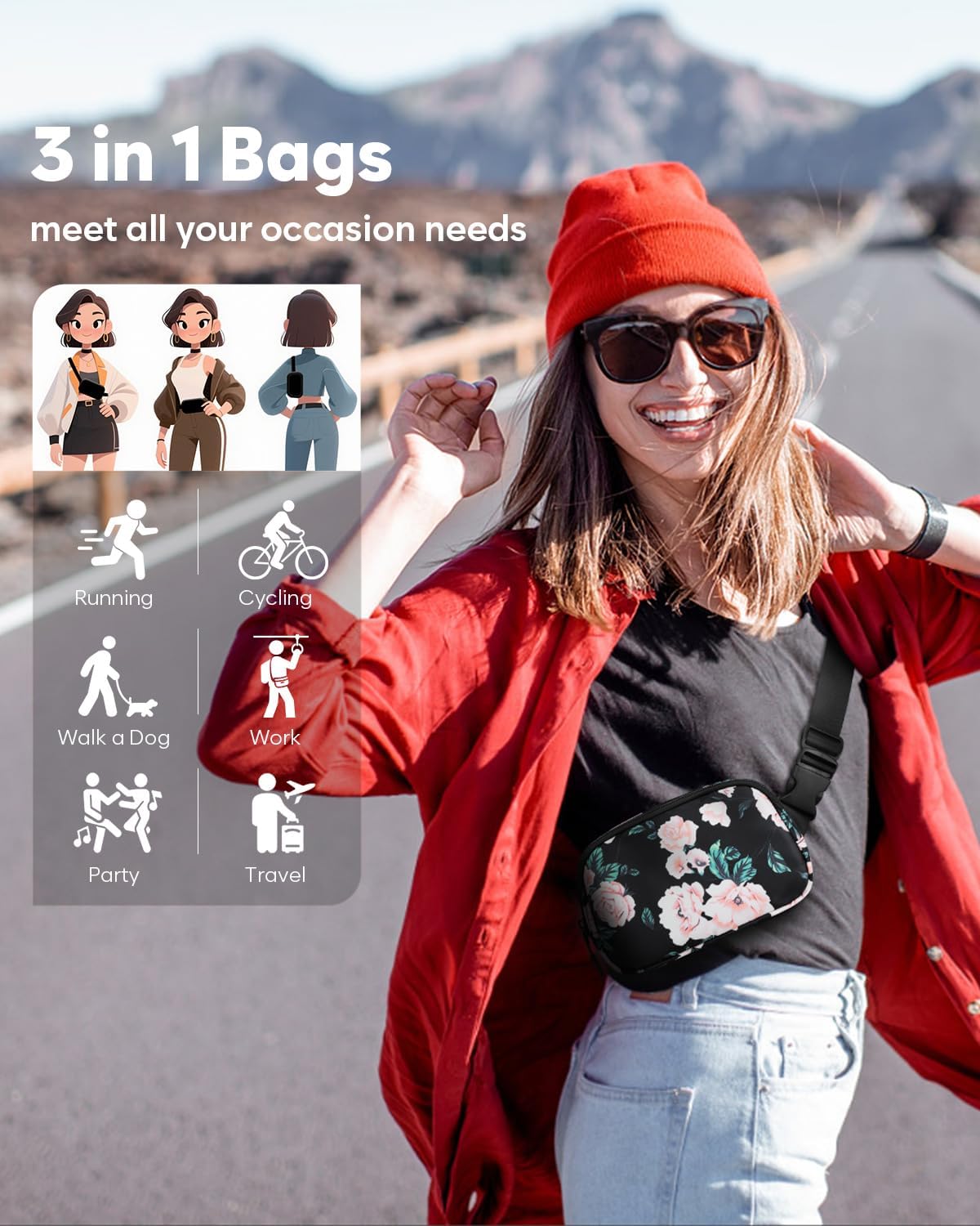Fanny Packs for Women Cross Body Bag Waterproof Belt Bag with Adjustable Strap and Zipper Back Pocket Small Crossbody Bags Fashion Waist Packs for Workout Travelling(Flower Print)