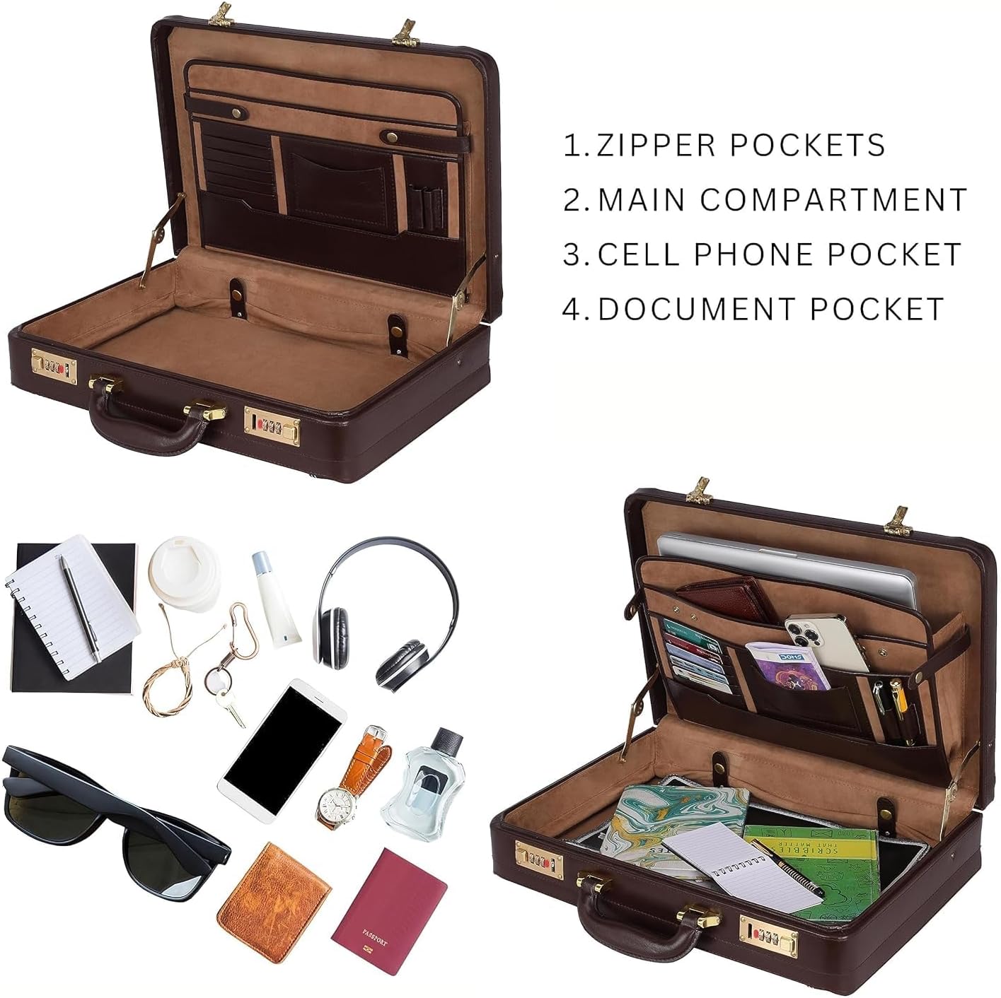Full Grain Leather Briefcase Attache Case For Unisex Size L18 x W5 x H12 Inches Expandable Briefcase Bag