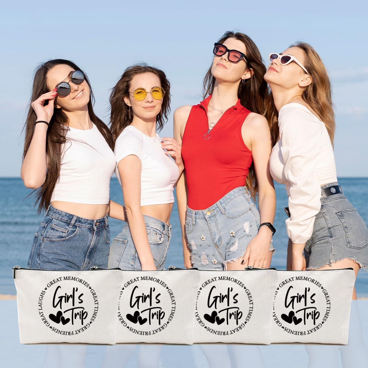 4Pcs Girls Trip Gifts Favors, Girls Weekend Gifts Makeup Bag, Bestie Gifts Weekend Bag Vacation 2025 Cosmetic Bag, Friendship Gifts for Women Best Friend, Graduation Wedding Gifts Toiletry Bag