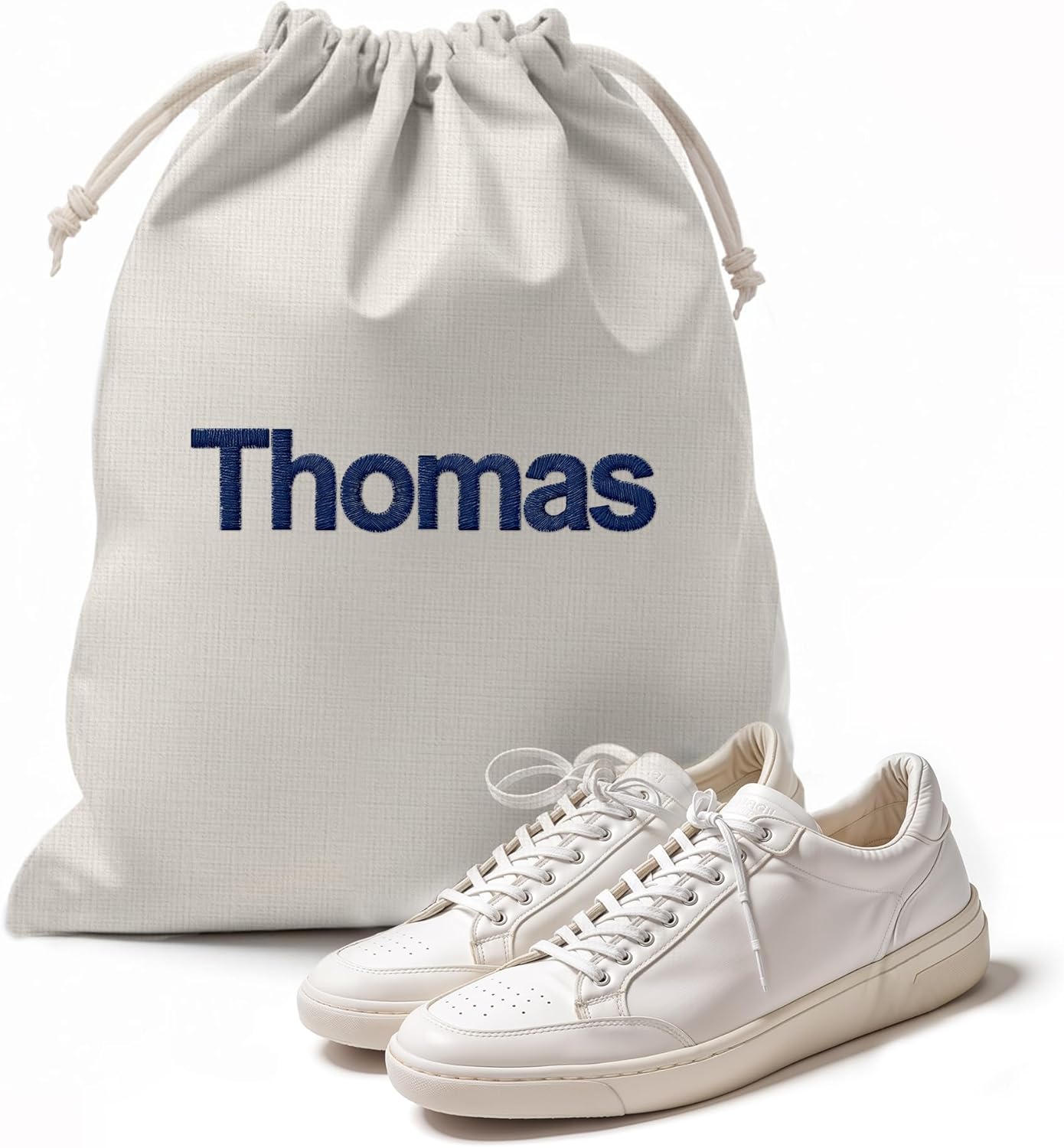 Embroidered Shoe pouch Portable Drawstrings Travel Shoe Bags Custom Name Shoe Organizer, Reusable Produce Bags Space Saving - Storage Bags Washable Breathable Cotton Fabric for Home, Luggage-White