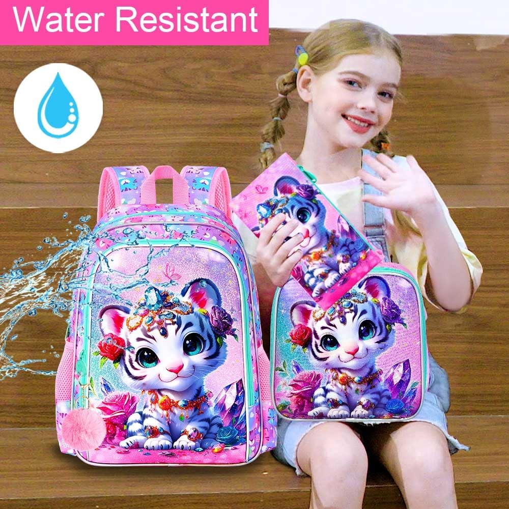 16" Girls Backpack, 16" Kids Bookbag with Lunch Box，Tiger School Backpacks for Elementary Preschool Kindergarten (Pink)