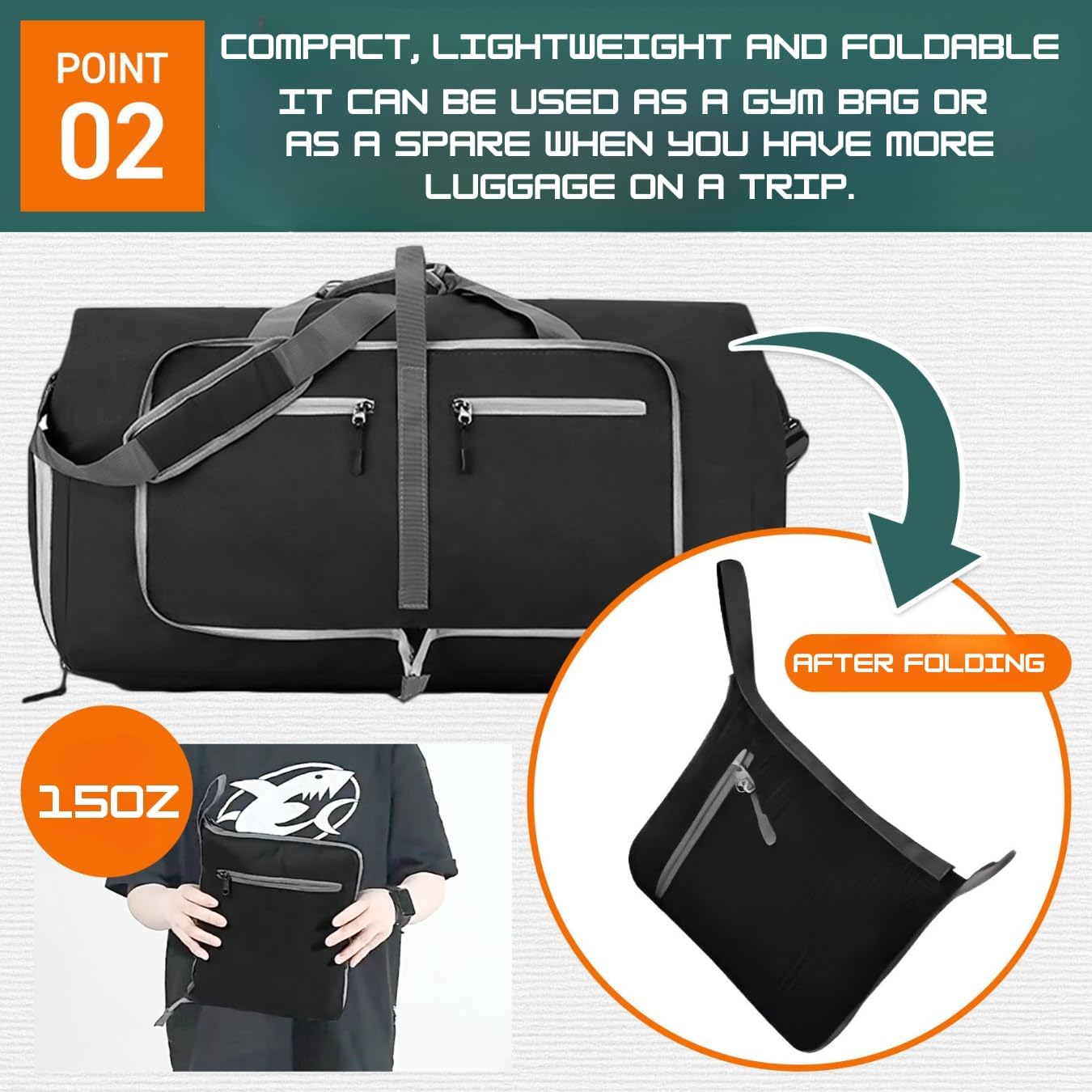 Travel Bag Gym Bag Folding Boston Bag Duffel Bag Carry On Large Capacity 65L Waterproof With Shoe Bag No Logo (Gray, 24.8inch×11.4inch×13.8inch)