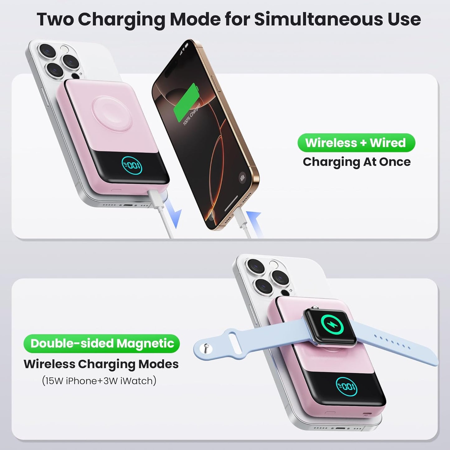 Magnetic Portable Charger for iPhone, 10800mAh Qi2 15W Wireless Power Bank with iWatch Charger,30W PD Fast Charging USB-C Travel Essentials Battery Pack for Magsafe,iPhone 17/16/15/14/13, Apple Watch