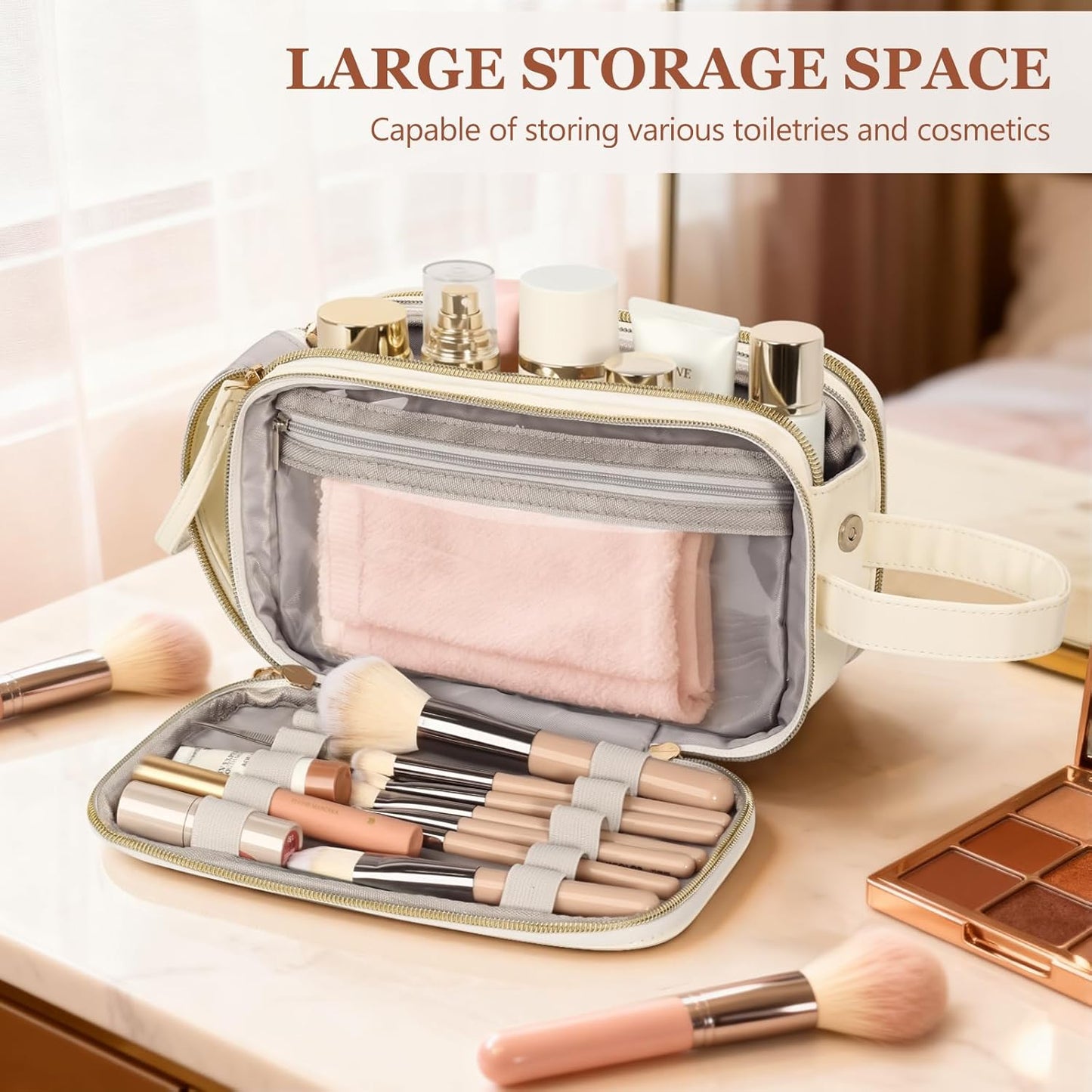 Travel Toiletry Bag for Women,Toiletry Bags for Traveling Womens Leather,Compartments Make up Bags for Women,Cosmetic pouch Organizer,White- V