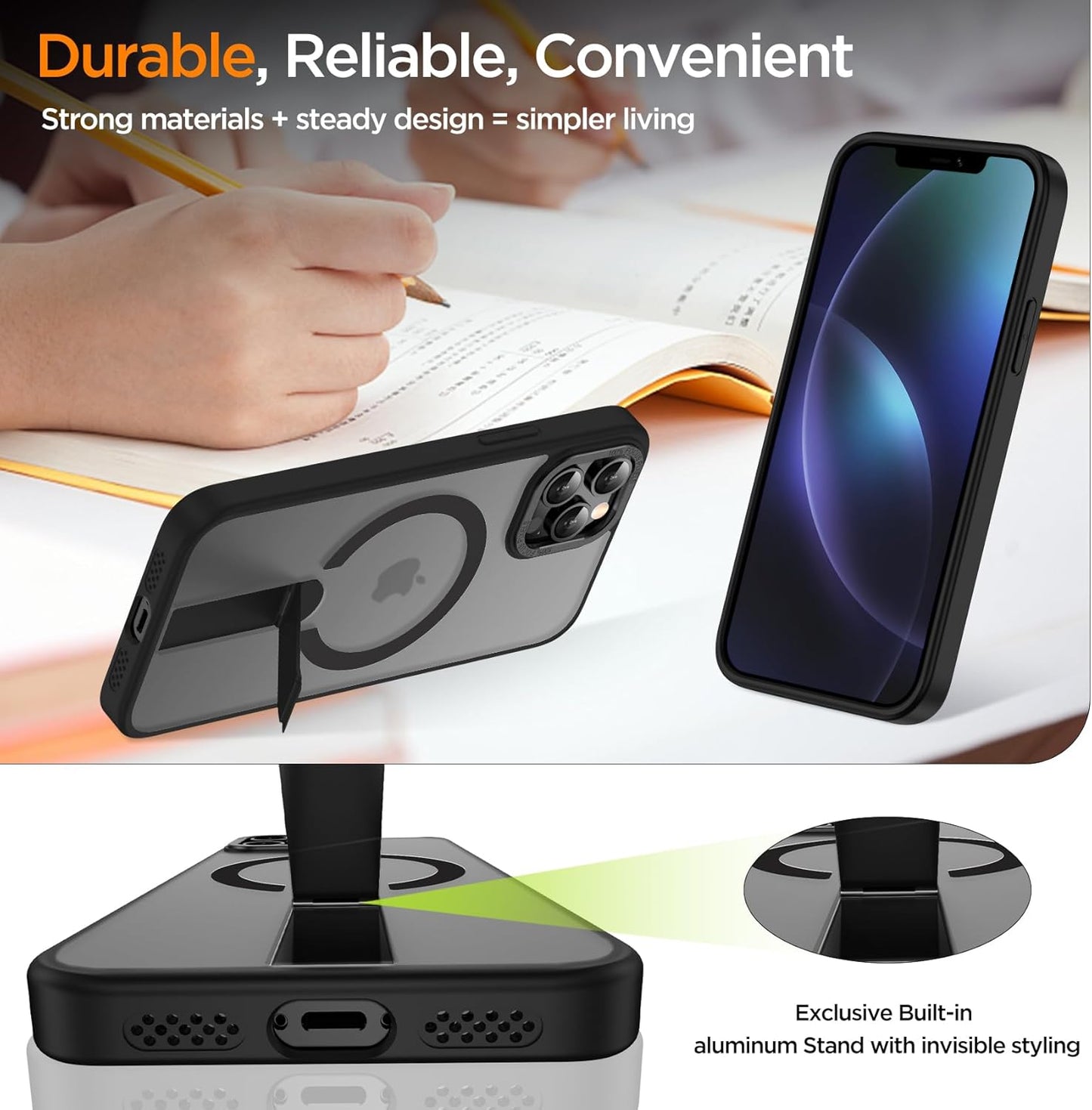 for iPhone 14 Pro Case with Kickstand, Compatible with MagSafe, [Invisible Stand] Anti-Slip Shockproof Military-Grade Protection, Magnetic Translucent Phone Case for iPhone 14Pro (Black)