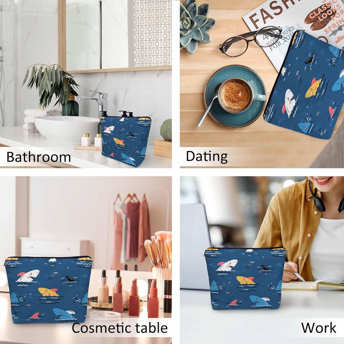 Shark Cosmetic Bags For Women, Cute Ocean Sea Wildlife Sharks Blue Roomy Makeup Bag Toiletry Bag Accessories Organizer Storage Bags Makeup Pouch For Travel Business Gym Camping Bathroom