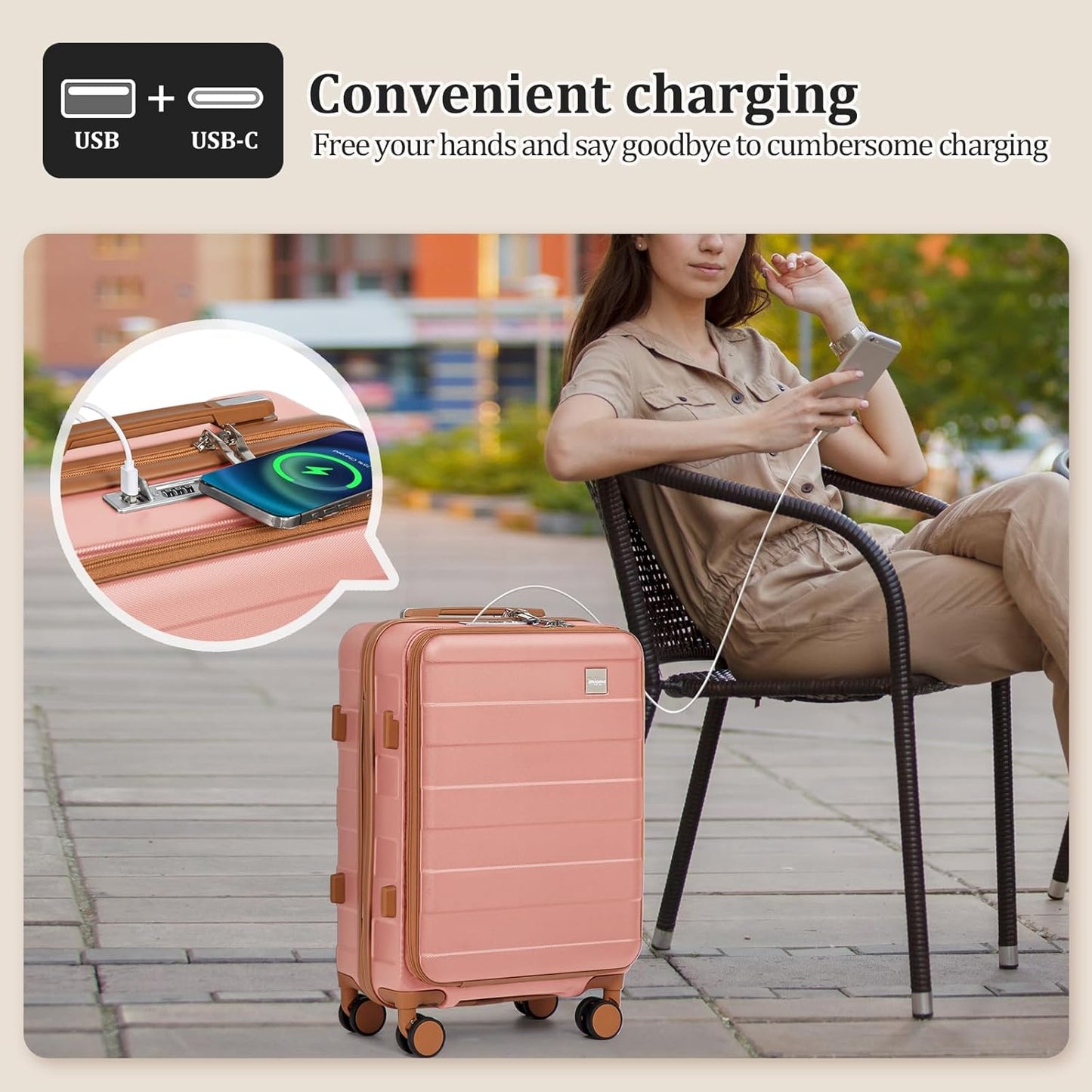 imiomo Carry on Luggage Airline Approved, Lightweight Hard Shell Carry-on Suitcase, 20 Inch Travel Luggage with Spinner Wheels and USB Port, Pink